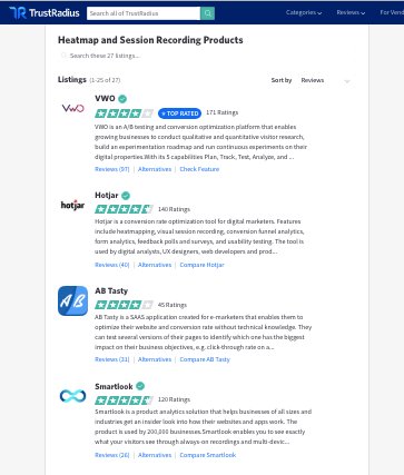 snapshot of the different reviews of heatmap and session recording tools on TrustRadius