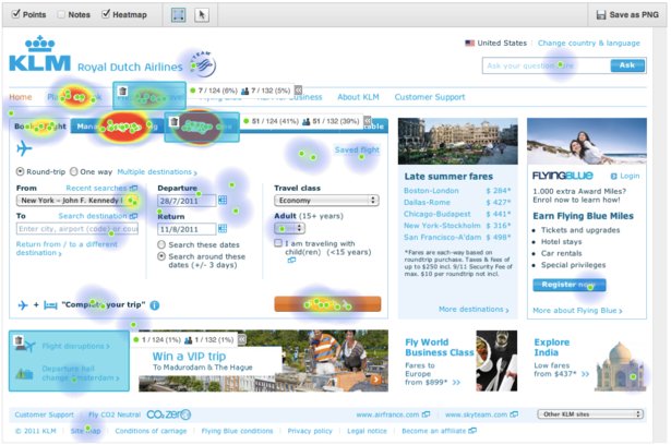 heatmap of airlines website home page