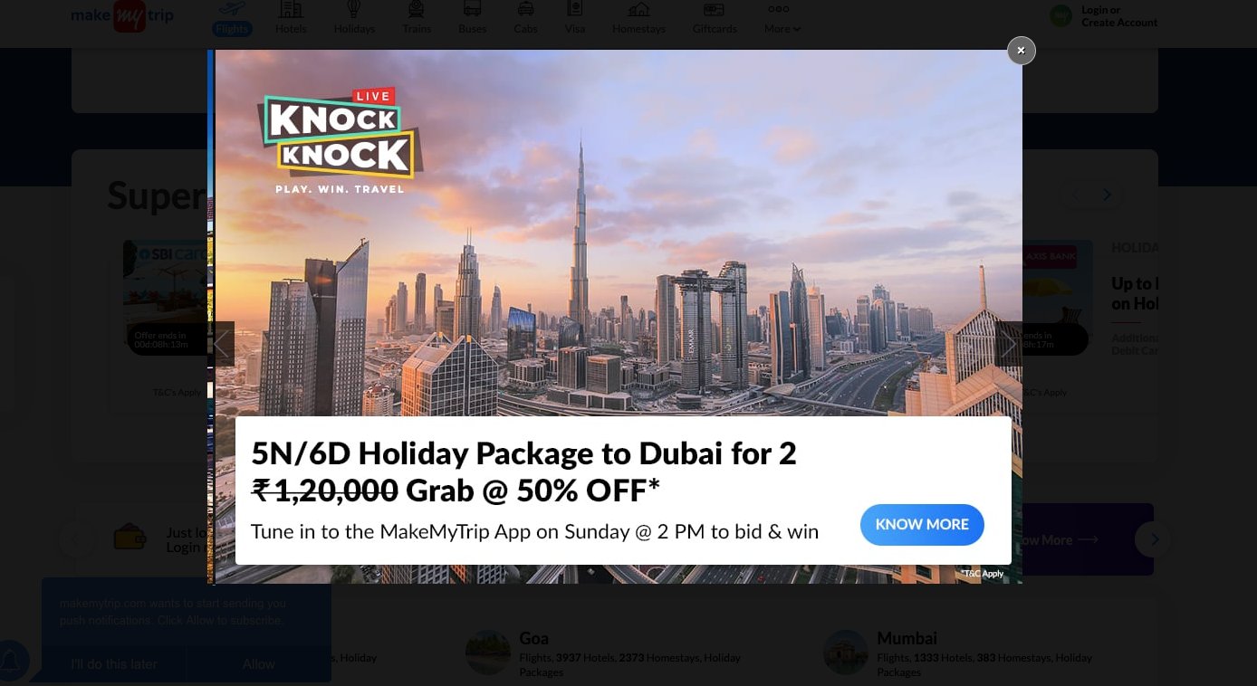 Pop Ups on Make My Trip Flight Packages