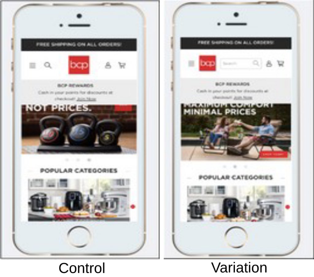 screenshot of the control and variation version of the A/B test on Best Choice Products