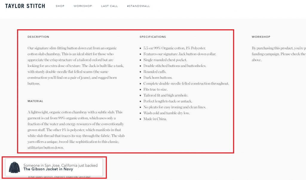 a screenshot of a detailed product description on Taylor Stitch website