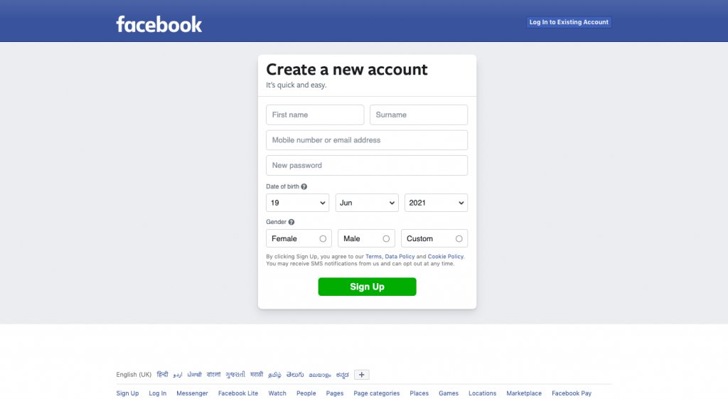 Facebook Sign Up Form