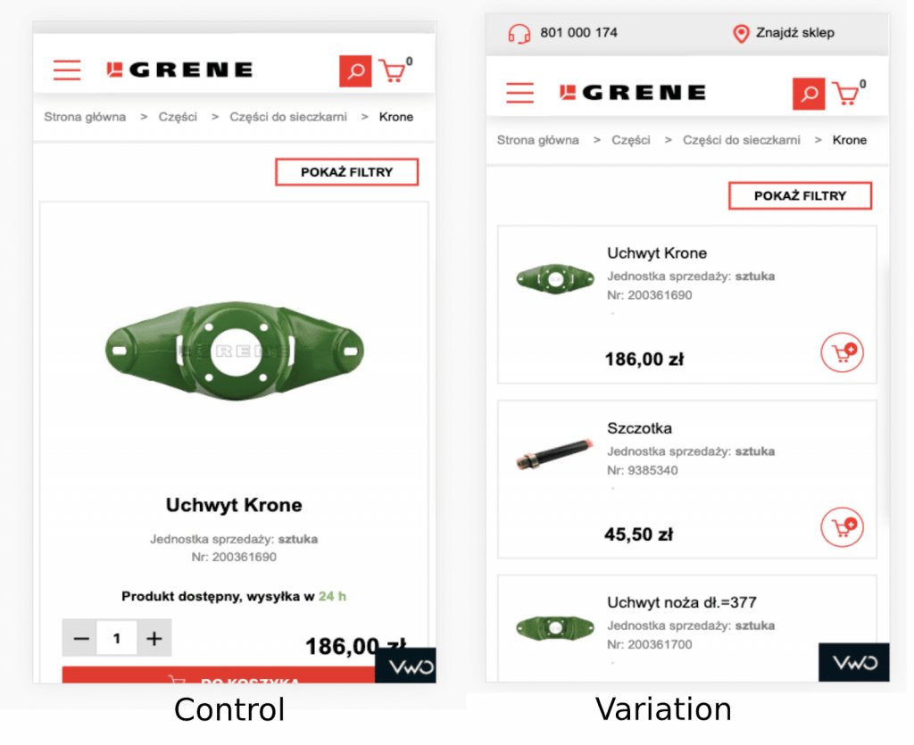 screenshot of both the control & variation version of the A/B test on Grene