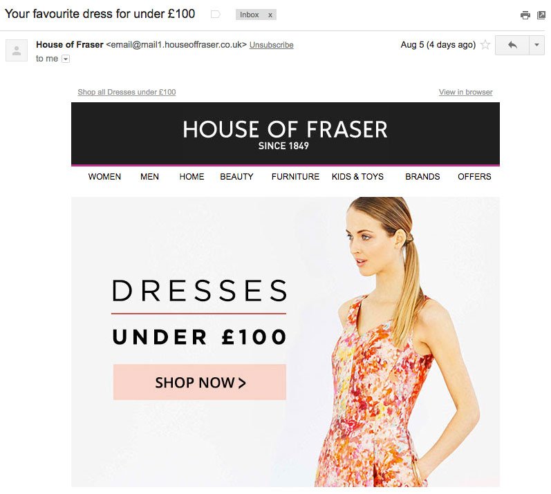 an example of an email from House of Fraser containing Visuals