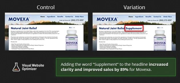 screenshot of the control and variation version of the a/b test on adding a single word to the website headline