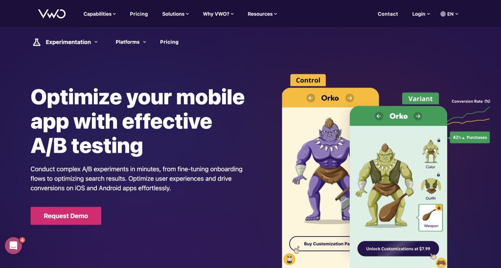 mobile app ab testing tool - landing page of VWO Mobile App Testing