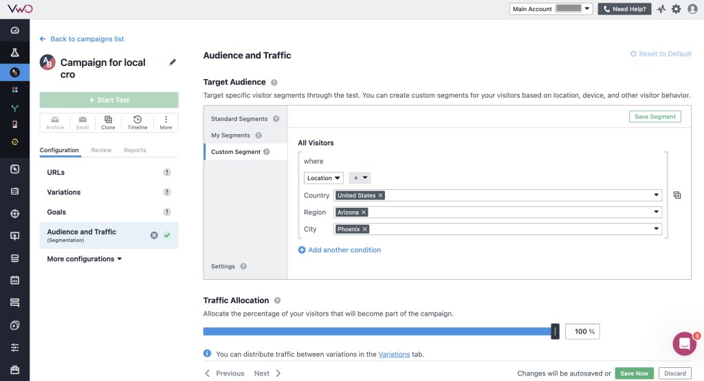 VWO Testing - Web dashboard